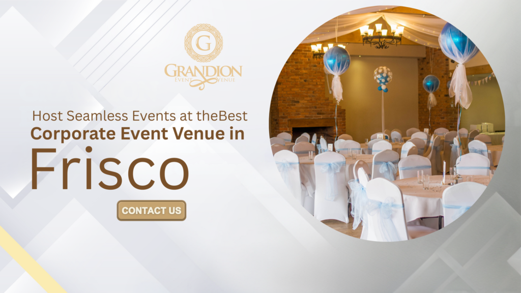 Modern and professional event space set up with conference tables, presentation screens, and business attendees, showcasing the best corporate event venue in Frisco for seamless gatherings.