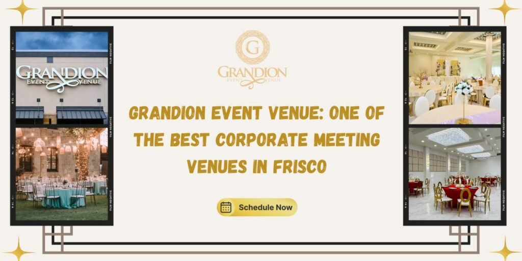 Modern corporate meeting setup with conference tables and presentation screens at Grandion Event Venue in Frisco, ideal for business events.