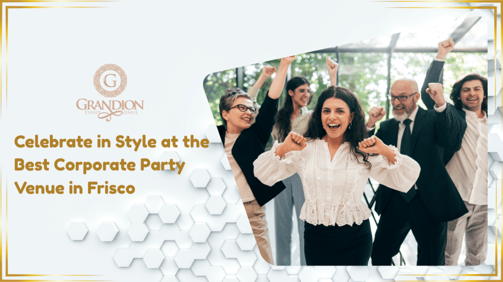Elegant event space with ambient lighting, formal dining setup, and professionals enjoying a corporate celebration, representing the best corporate party venue in Frisco.