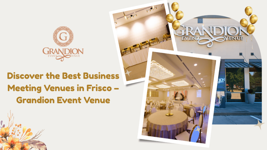 Professional business meeting setup with conference tables, chairs, and presentation screen at Grandion Event Venue in Frisco.